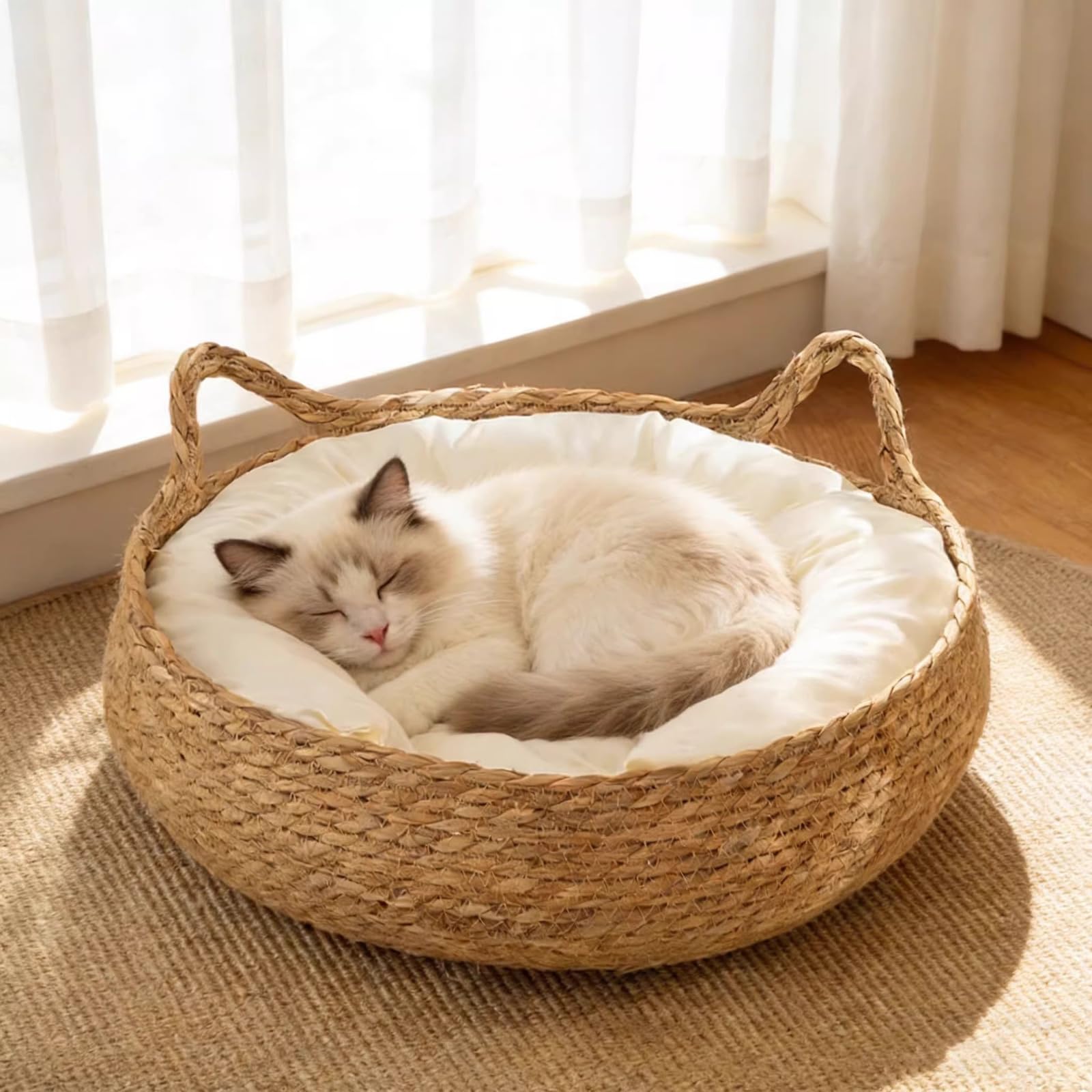 Amazon.co.jp: 猫用ベッド かごベッド ガマ草 藤編み ラタン